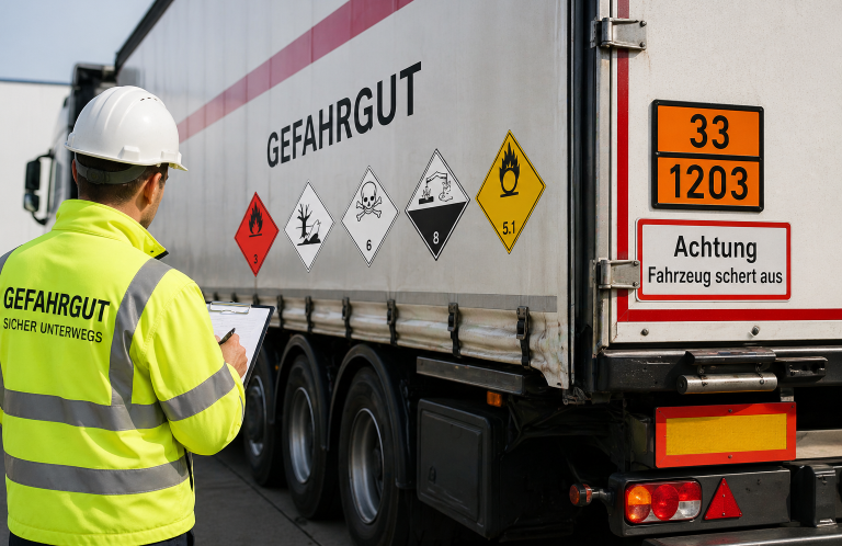 Mitarbeiter kontrolliert die Gefahrgutkennzeichnung an einem Lkw